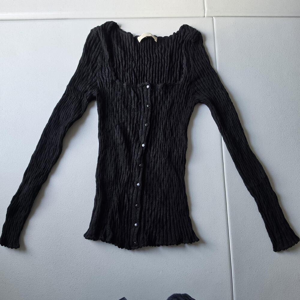Sézane Cardigan Sweater Womens Medium Black Viscose Square Neck Button Ribbed